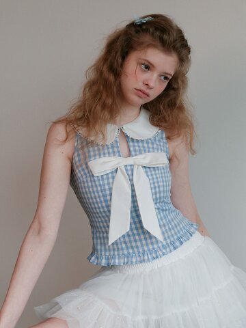 Cest_Check ribbon sleeveless top
