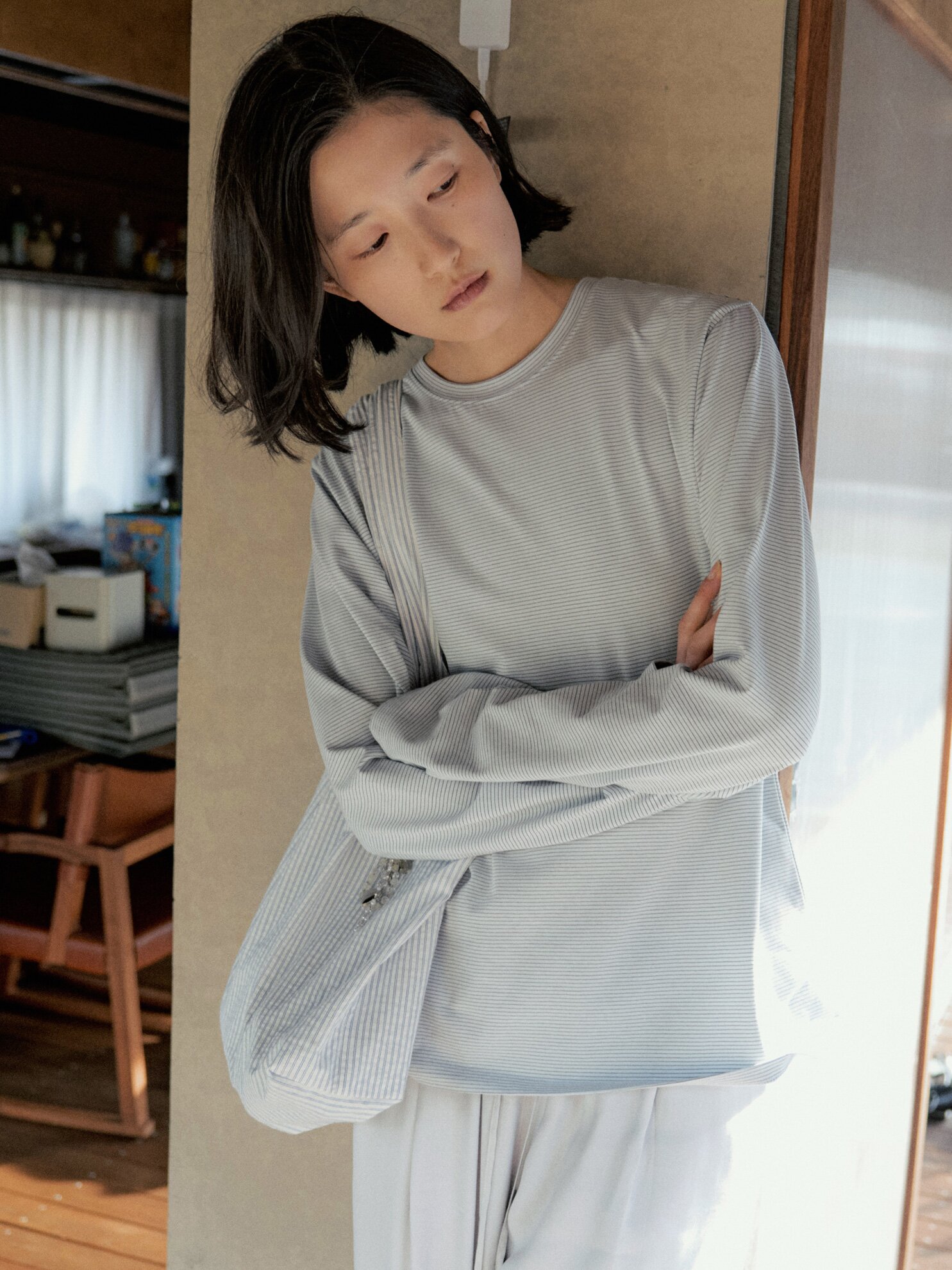Cotton Stripe Long Sleeve Tee_SKY BLUE