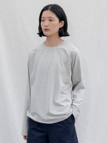 Cotton Stripe Long Sleeve Tee_MELANGE GRAY