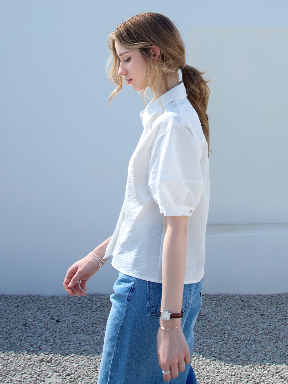 링클 하프 볼륨블라우스 WHITE