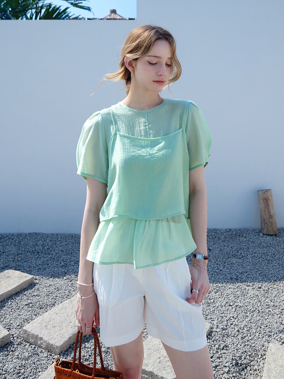 [SET] 텐셀 하프 뷔스티에 블라우스세트 GREEN