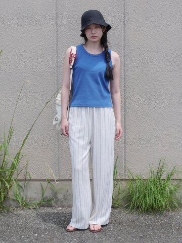 Linen Stripe Easy Banding Pants_OATMEAL