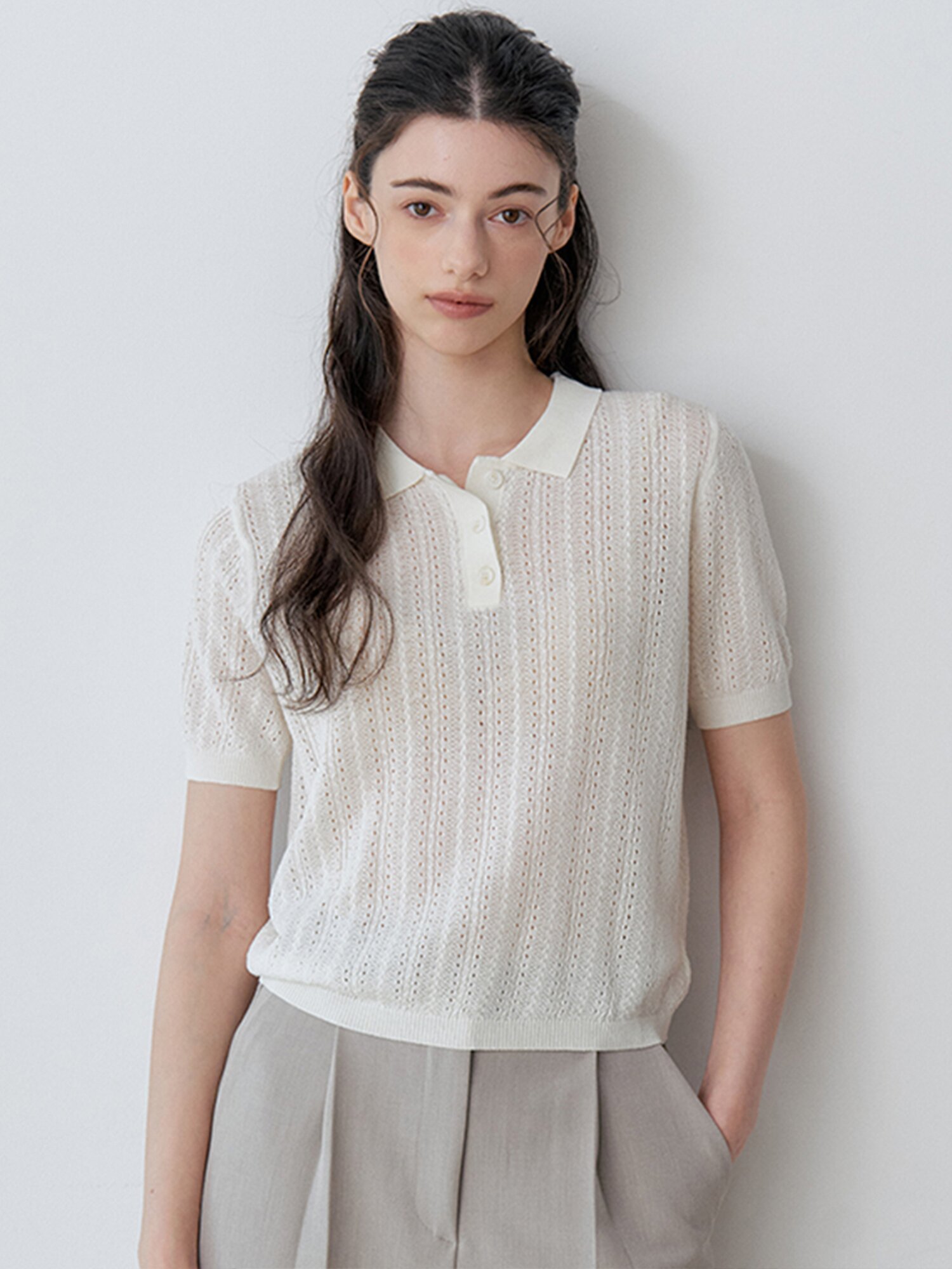 SHORT SLEEVE COLLAR CROCHET KNIT (CR)