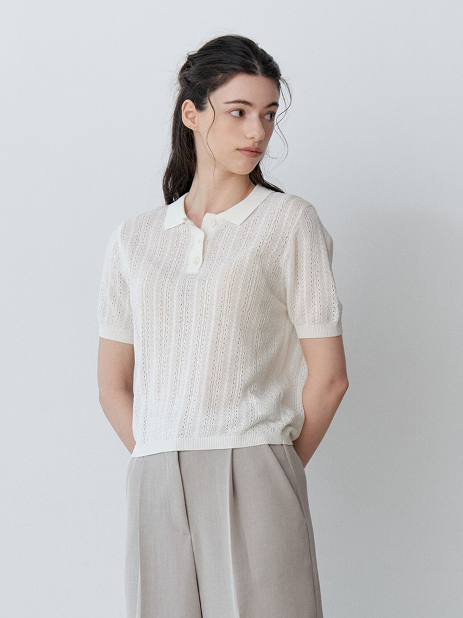 SHORT SLEEVE COLLAR CROCHET KNIT (CR)
