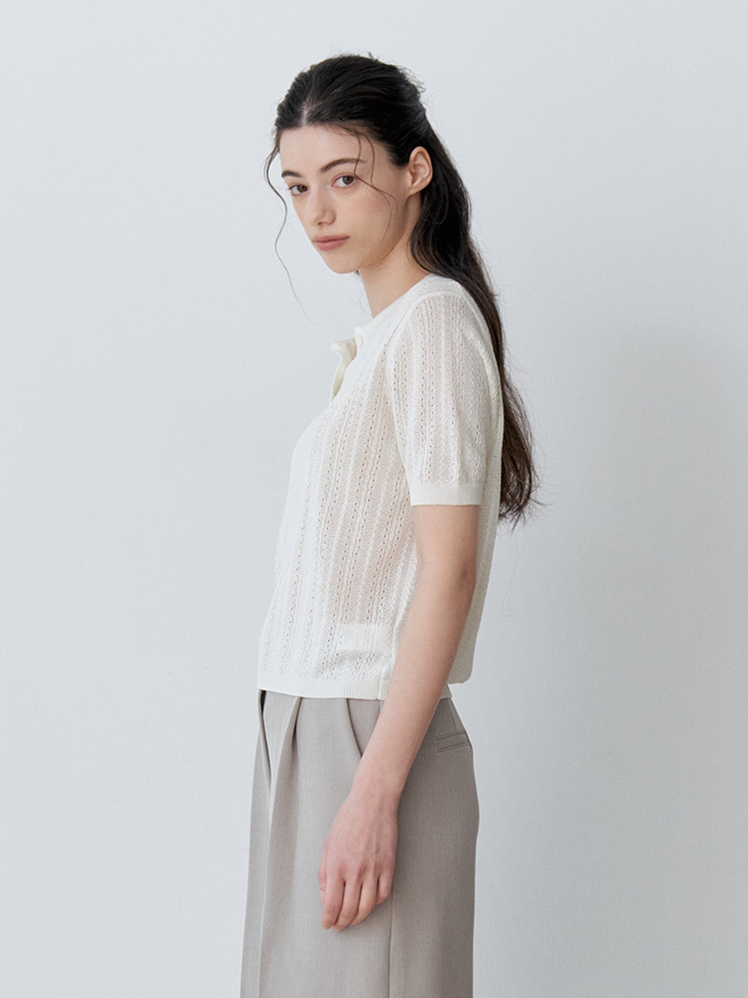 SHORT SLEEVE COLLAR CROCHET KNIT (CR)