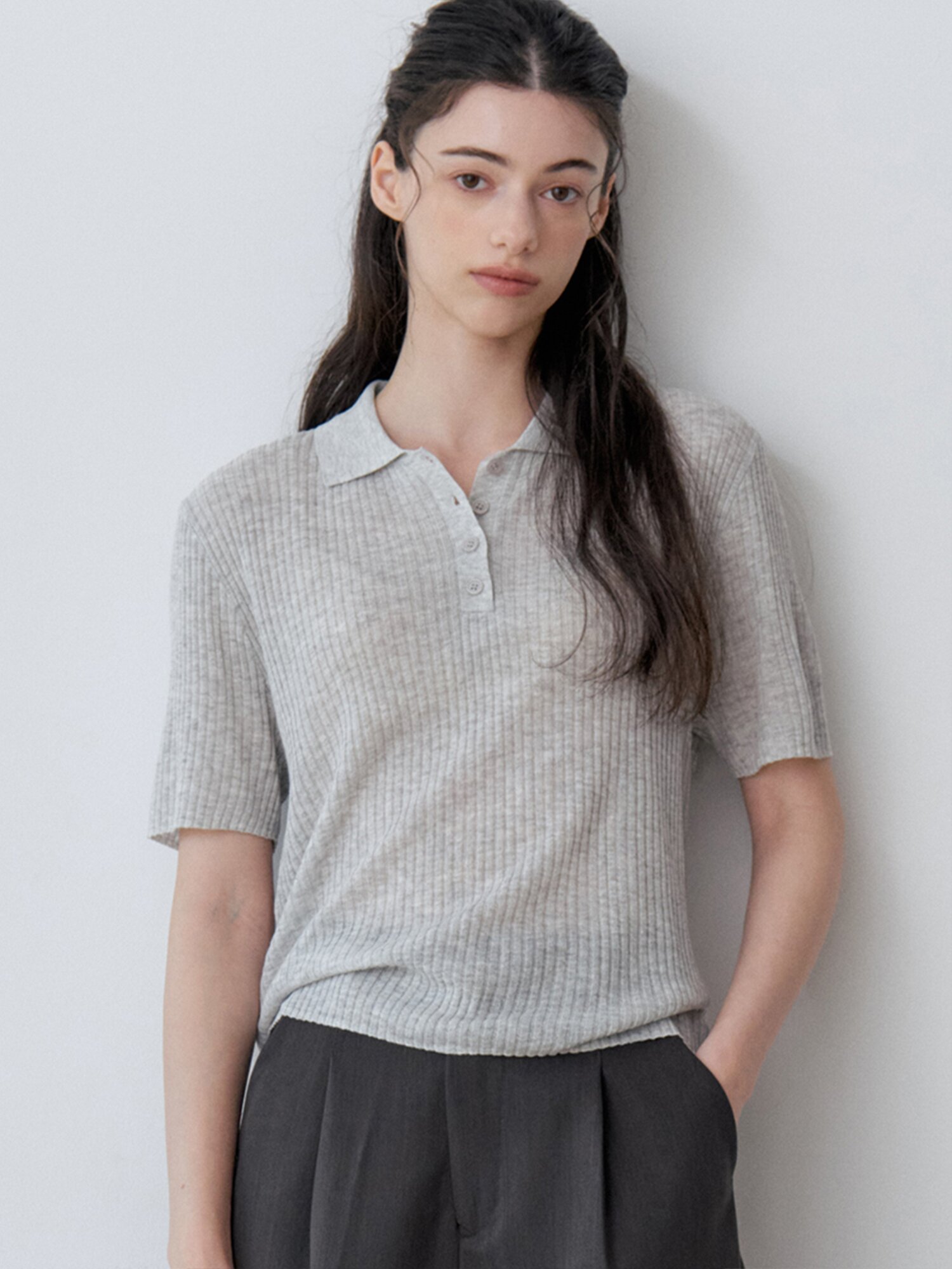 SOFT RIB HENLEY SHORT-SLEEVE KNIT (LGY)