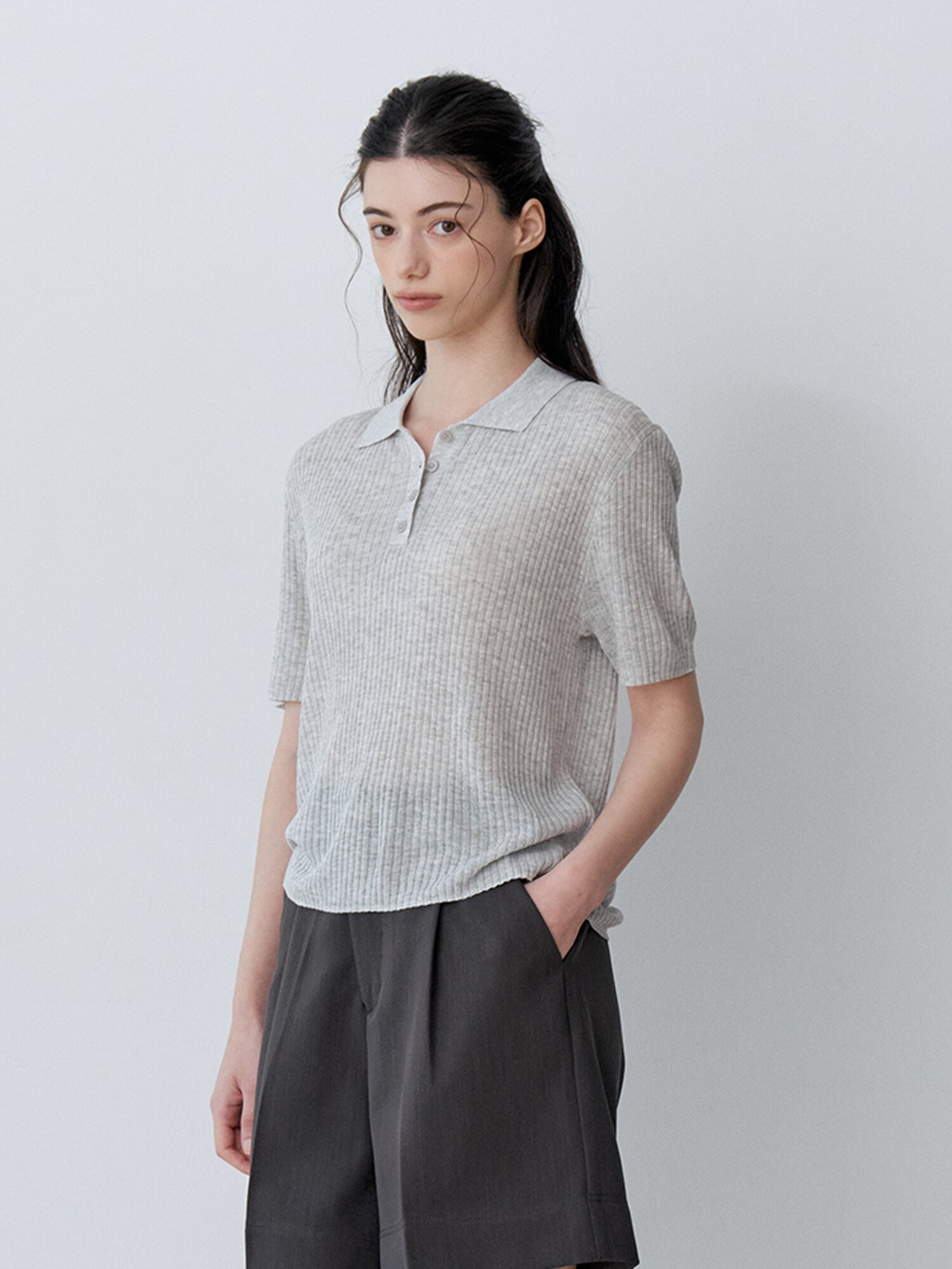 SOFT RIB HENLEY SHORT-SLEEVE KNIT (LGY)