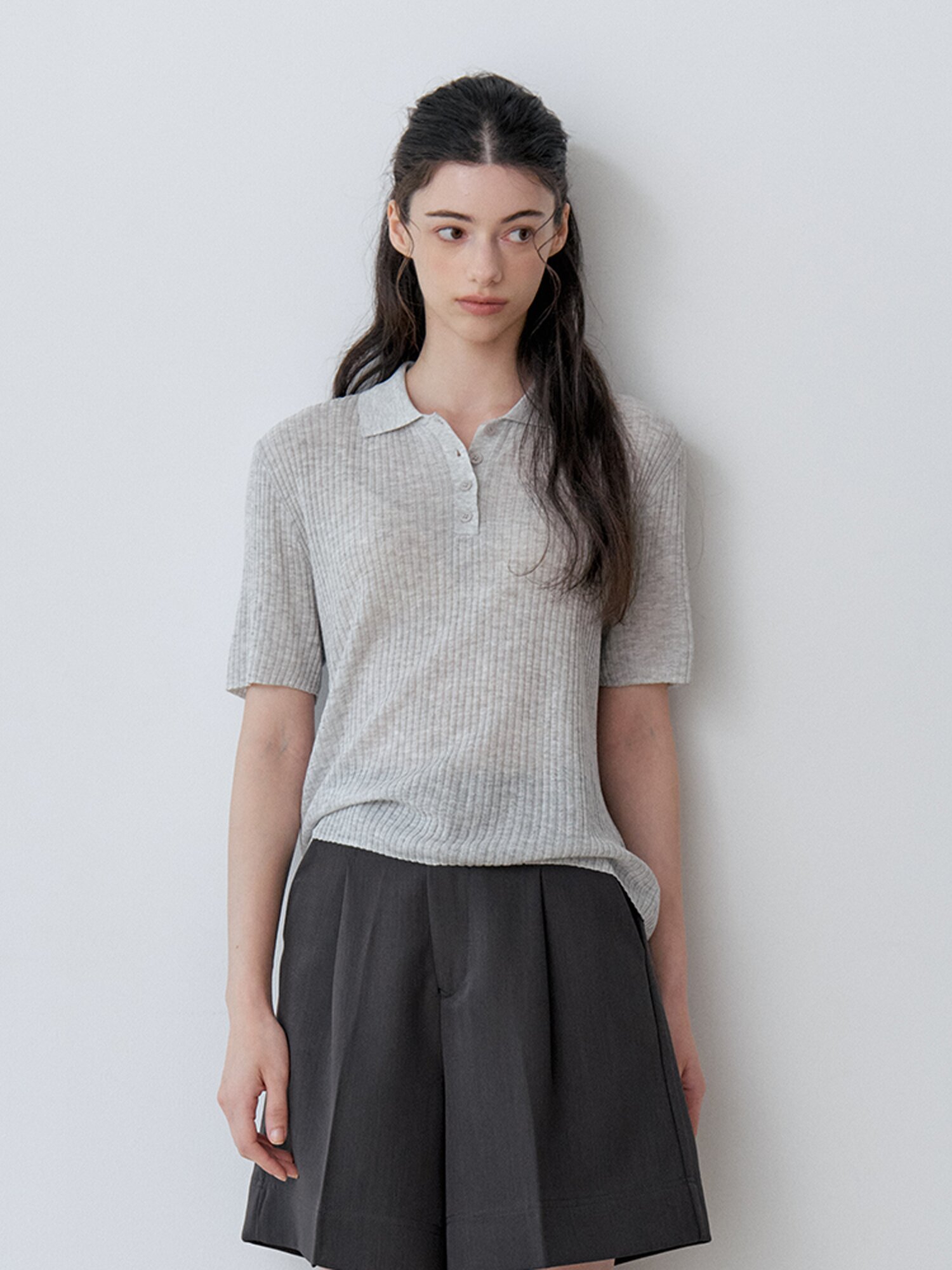 SOFT RIB HENLEY SHORT-SLEEVE KNIT (LGY)