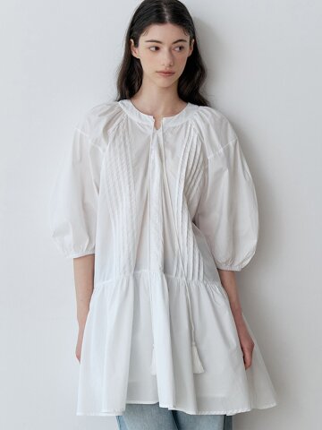 PINTUCK SHIRRING PEPLUM DRESS (WH)