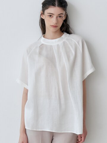 LINEN HALF NECK SHIRRING BLOUSE (IV)