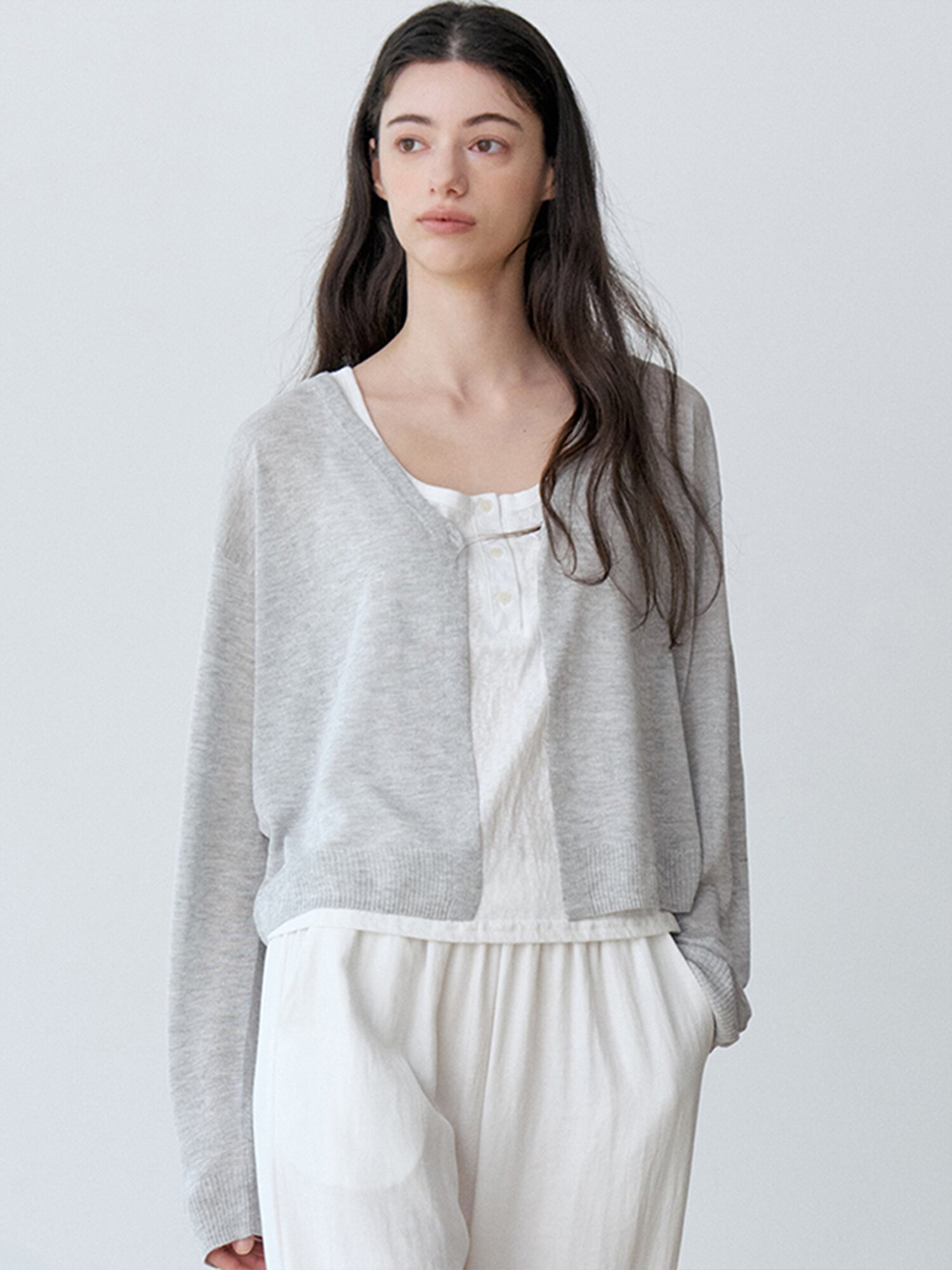 SEMI-SHEER ONE-BUTTON BOLERO CARDIGAN (LGY)