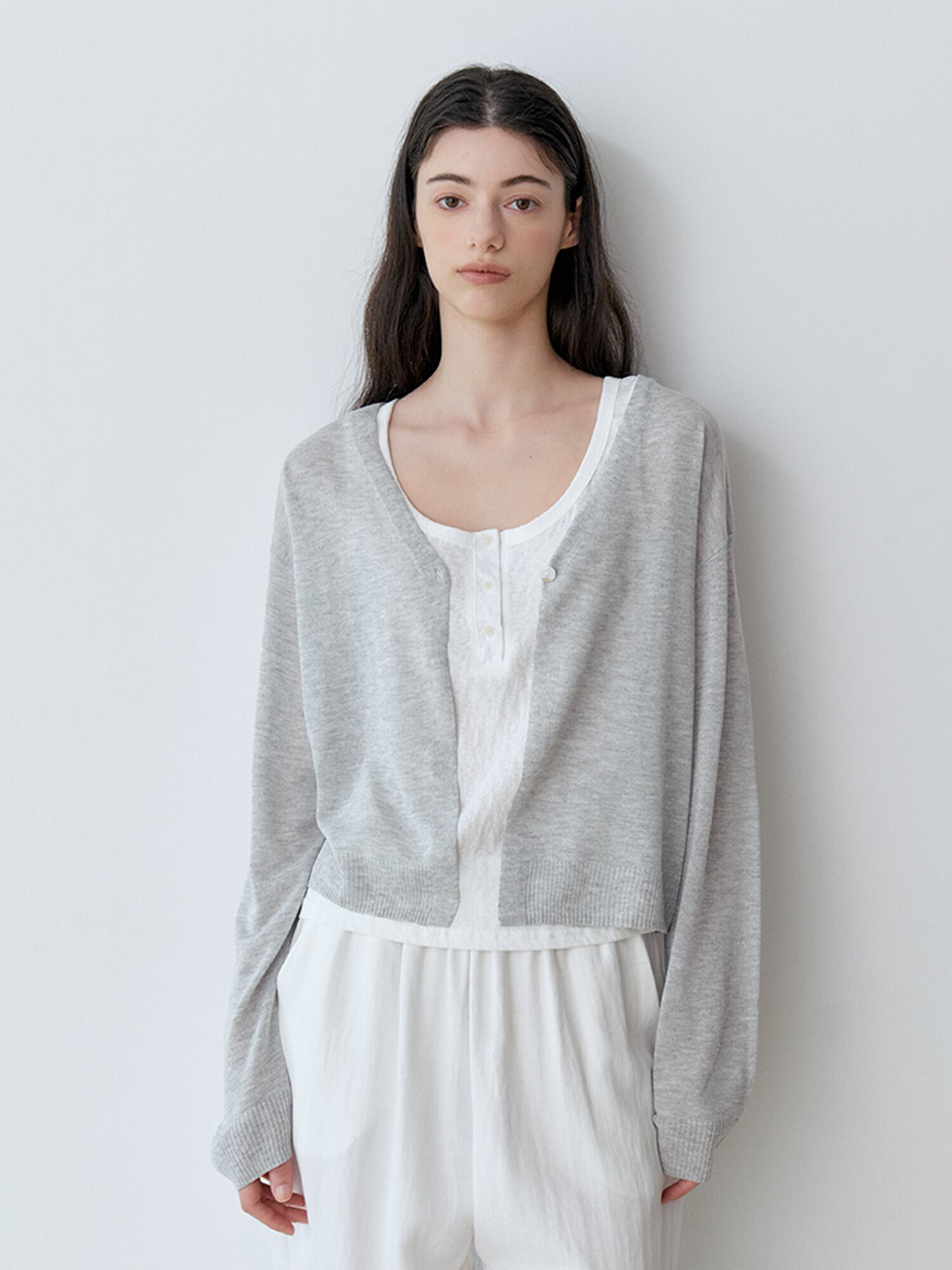 SEMI-SHEER ONE-BUTTON BOLERO CARDIGAN (LGY)