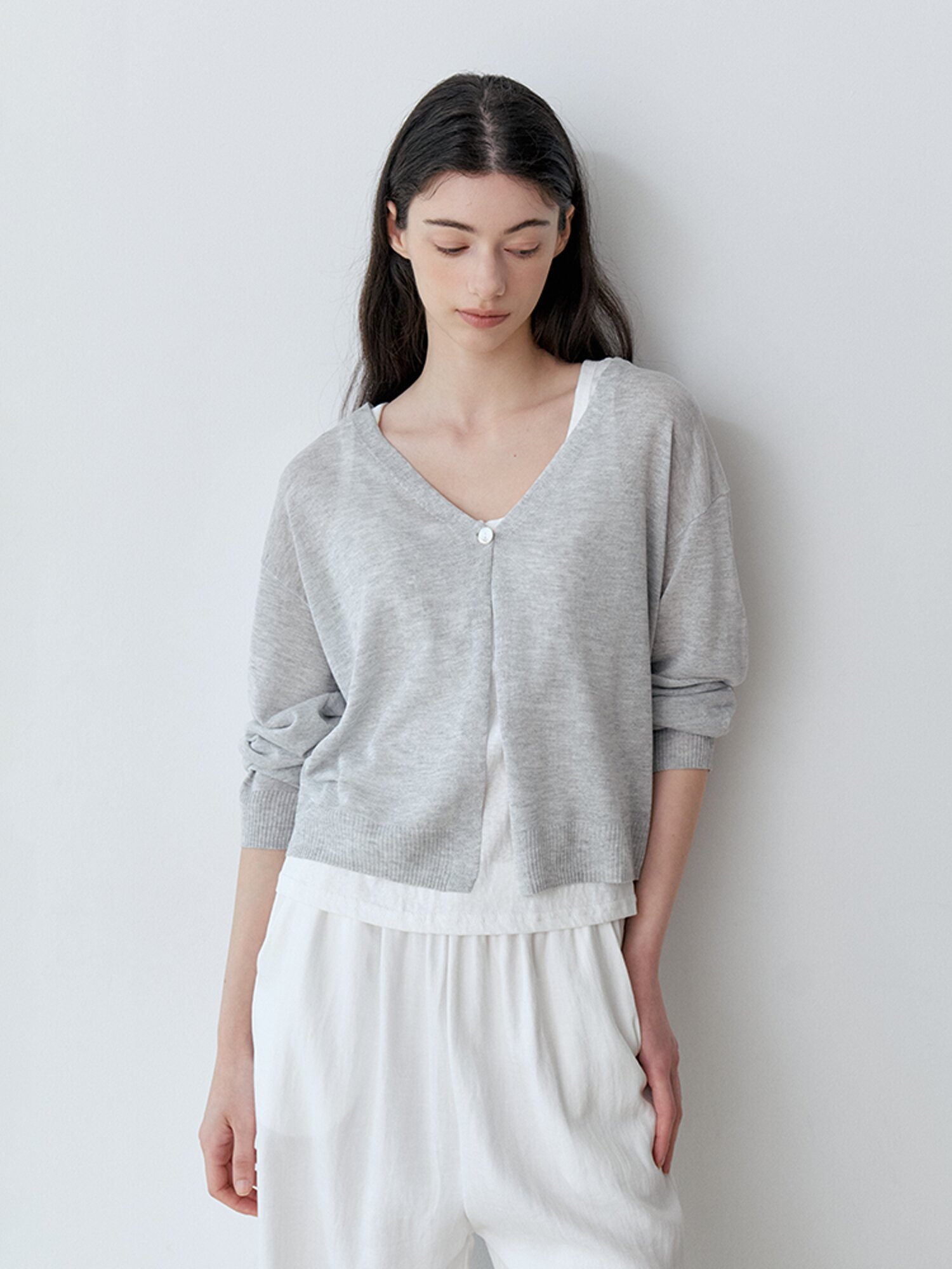 SEMI-SHEER ONE-BUTTON BOLERO CARDIGAN (LGY)