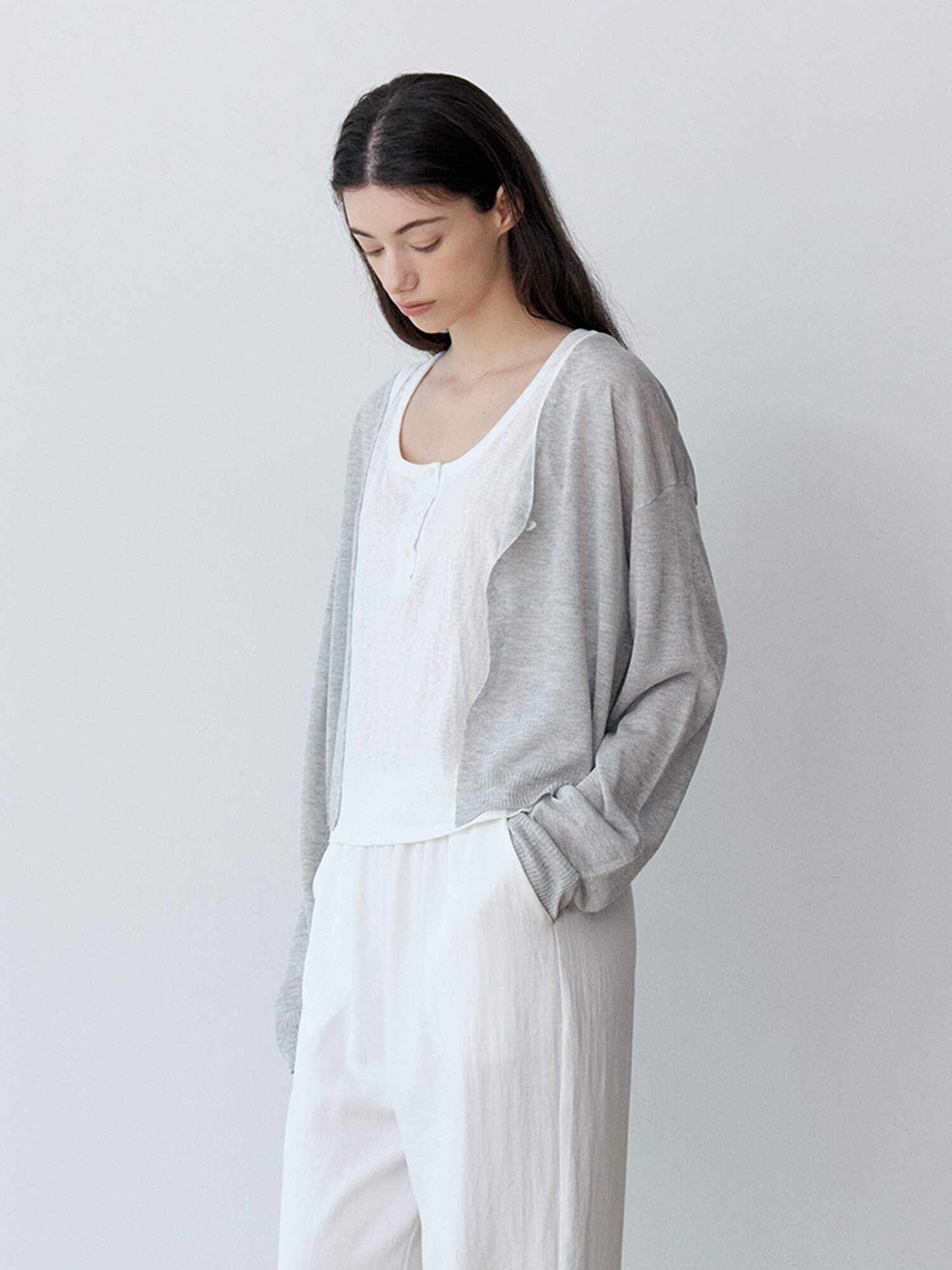 SEMI-SHEER ONE-BUTTON BOLERO CARDIGAN (LGY)