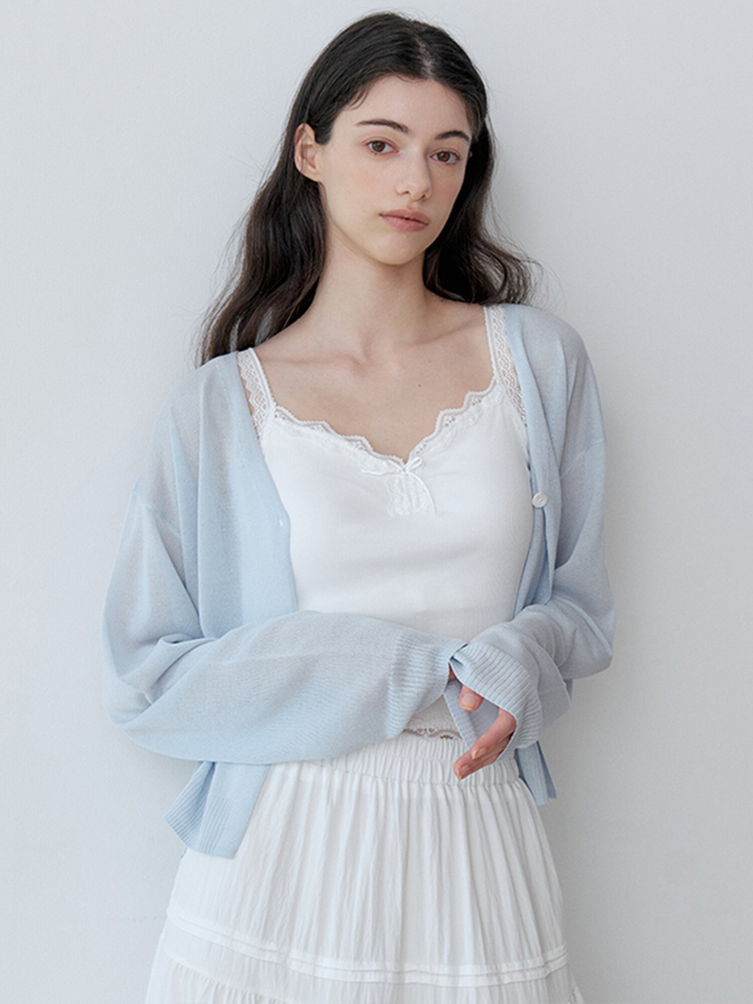 SEMI-SHEER ONE-BUTTON BOLERO CARDIGAN (SBL)