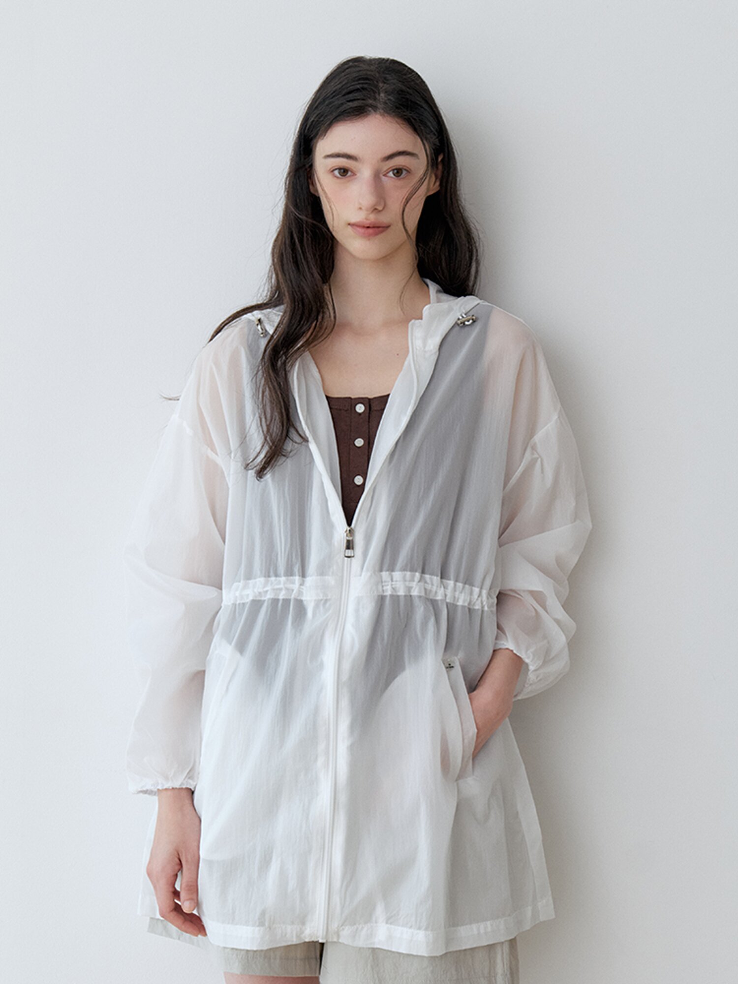SHEER HOODED ZIP-UP JUMPER (WH)
