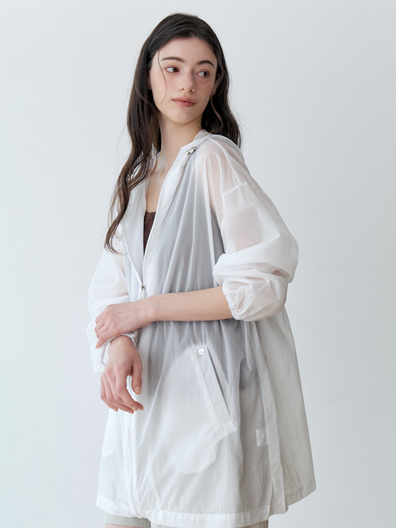 SHEER HOODED ZIP-UP JUMPER (WH)