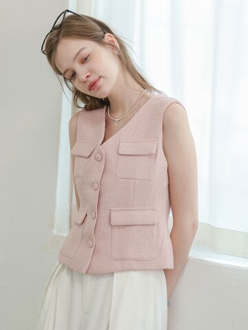 DD_Button tweed sleeveless vest_PINK