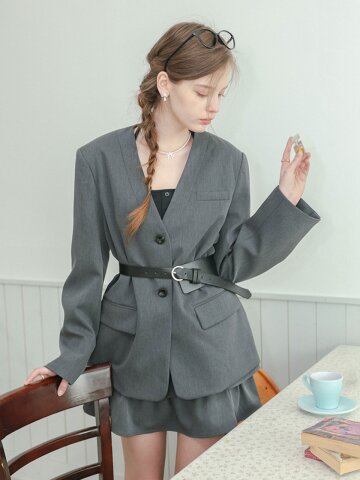 DD_V-neck collarless jacket and skirt set_CHACOAL