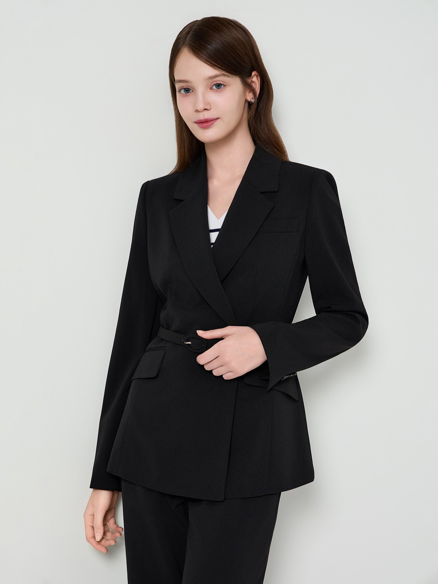 벨티드 테일러드 더블 원버튼 재킷 (BLACK)