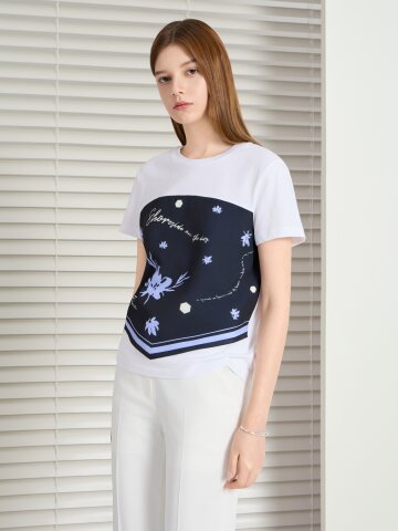 스카프 배색 라운드넥 티셔츠 