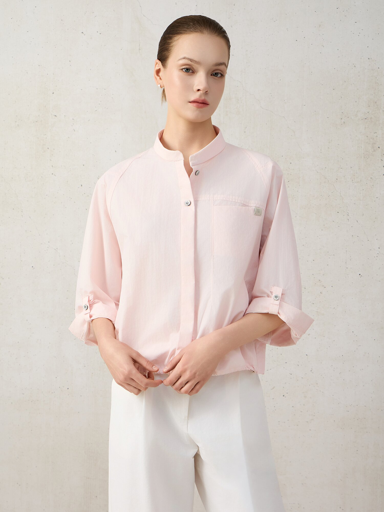 나일론 히든 버튼 래글런 블라우스 (LIGHT PINK)