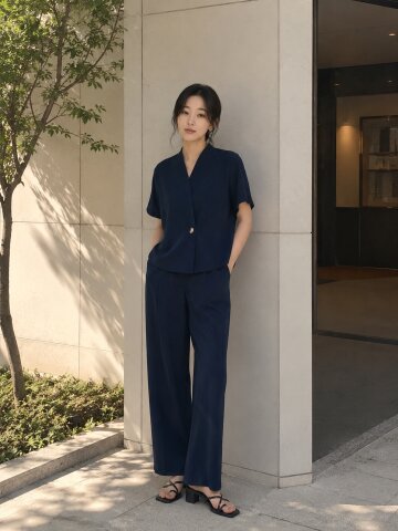 린넨 돌먼 슬리브 브이넥 재킷 
