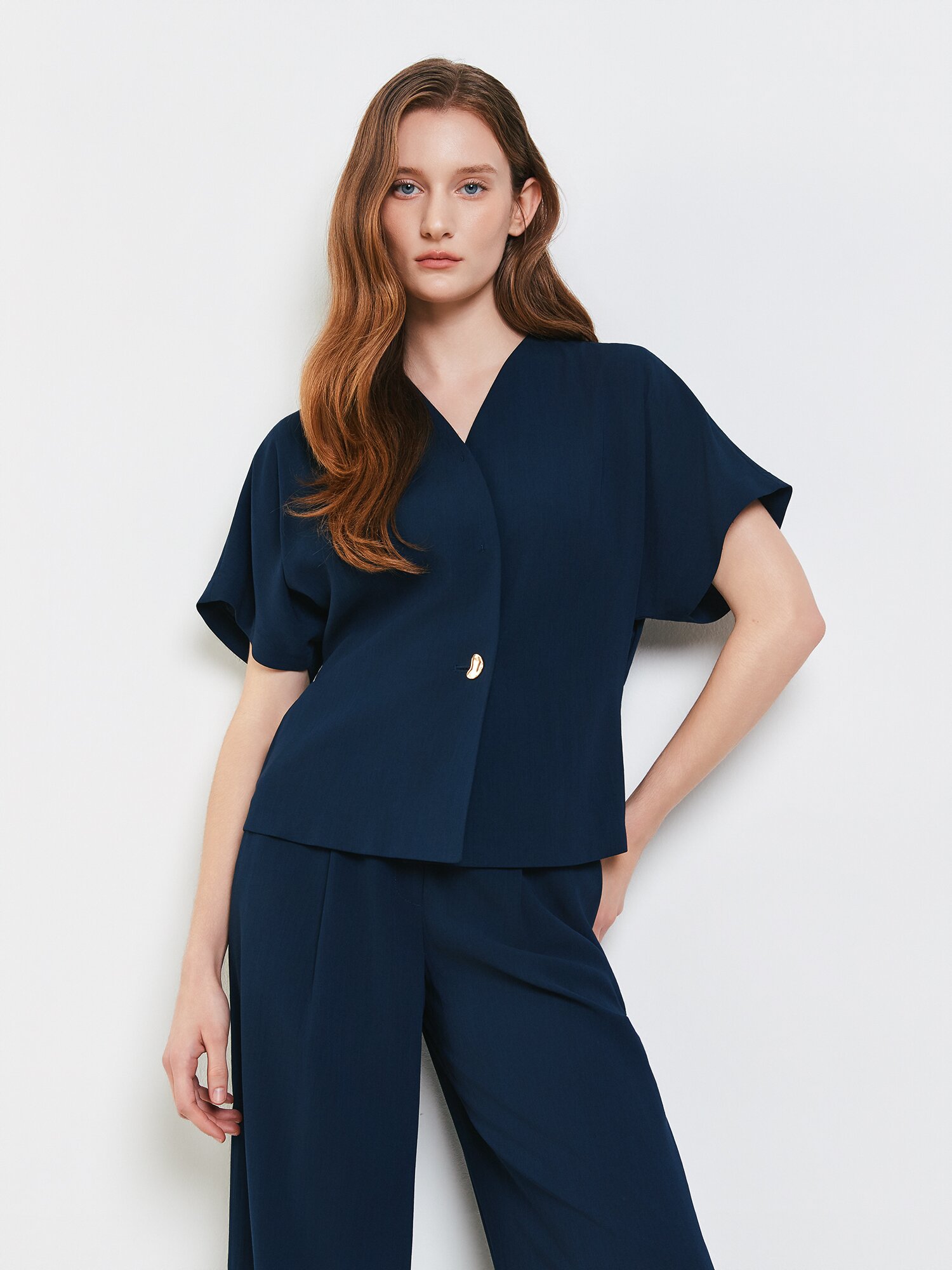 린넨 돌먼 슬리브 브이넥 재킷 (NAVY)