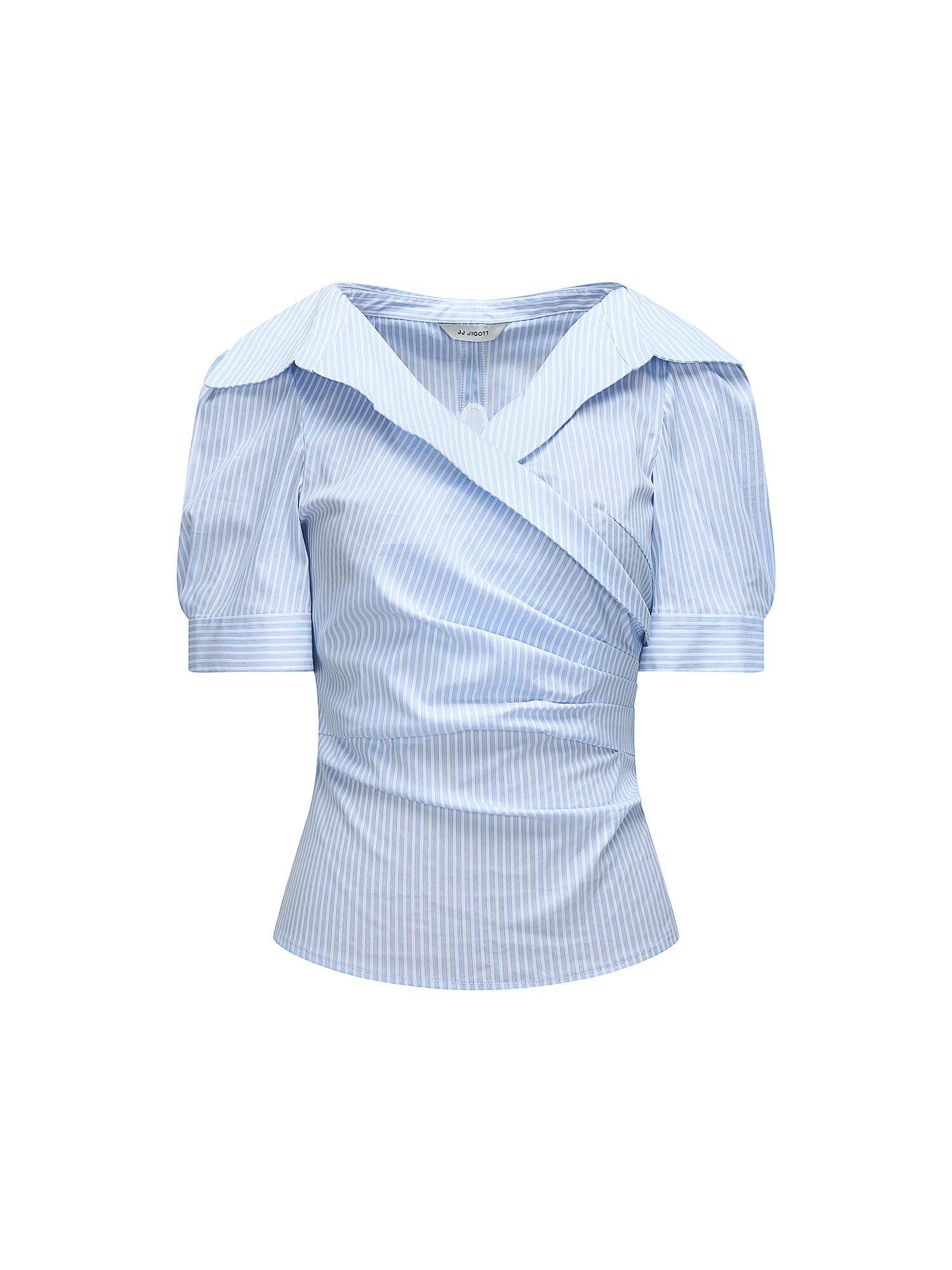 슬림핏 오픈 칼라 랩 블라우스 (STRIPE BLUE)