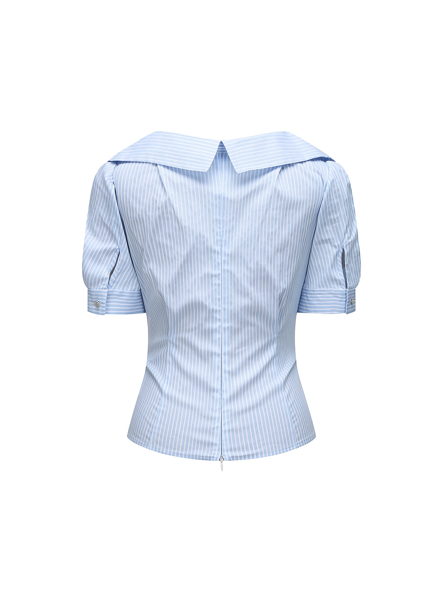 슬림핏 오픈 칼라 랩 블라우스 (STRIPE BLUE)