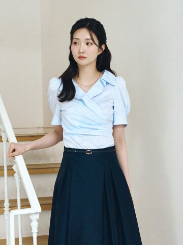 슬림핏 오픈 칼라 랩 블라우스 