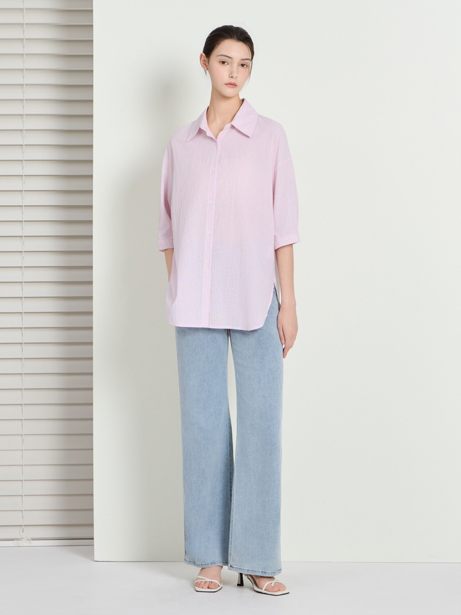 사선 포켓 세미 와이드 데님 팬츠 (LIGHT BLUE)