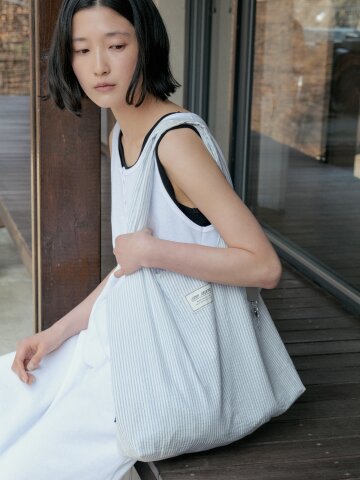 Stripe Cotton Shoulder Bag_BLUE