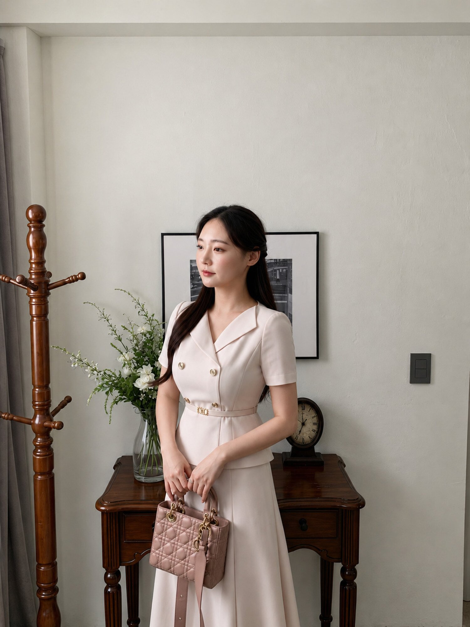 라펠 더블 재킷 플레어 원피스 (LIGHT BEIGE)