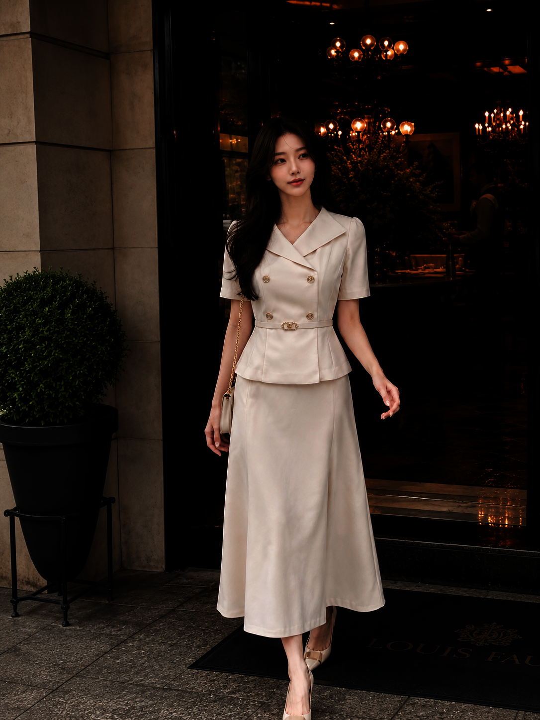 라펠 더블 재킷 플레어 원피스 (LIGHT BEIGE)