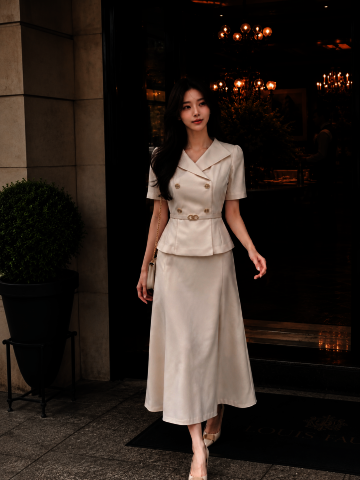라펠 더블 재킷 플레어 원피스 (LIGHT BEIGE)