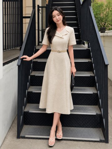 와이드 오픈 칼라 플레어 원피스 