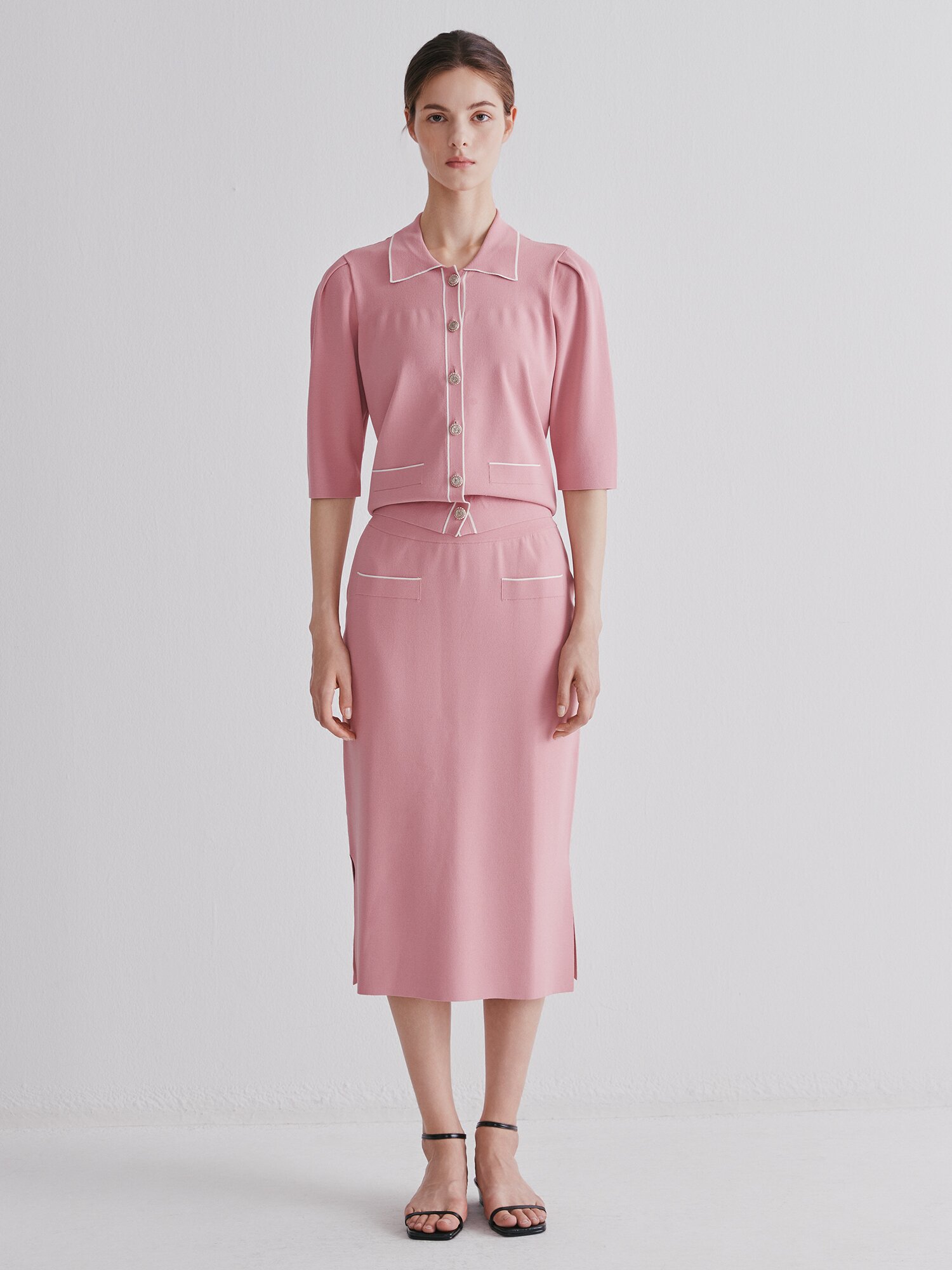컬러 라인 7부 칼라 가디건 (PINK)
