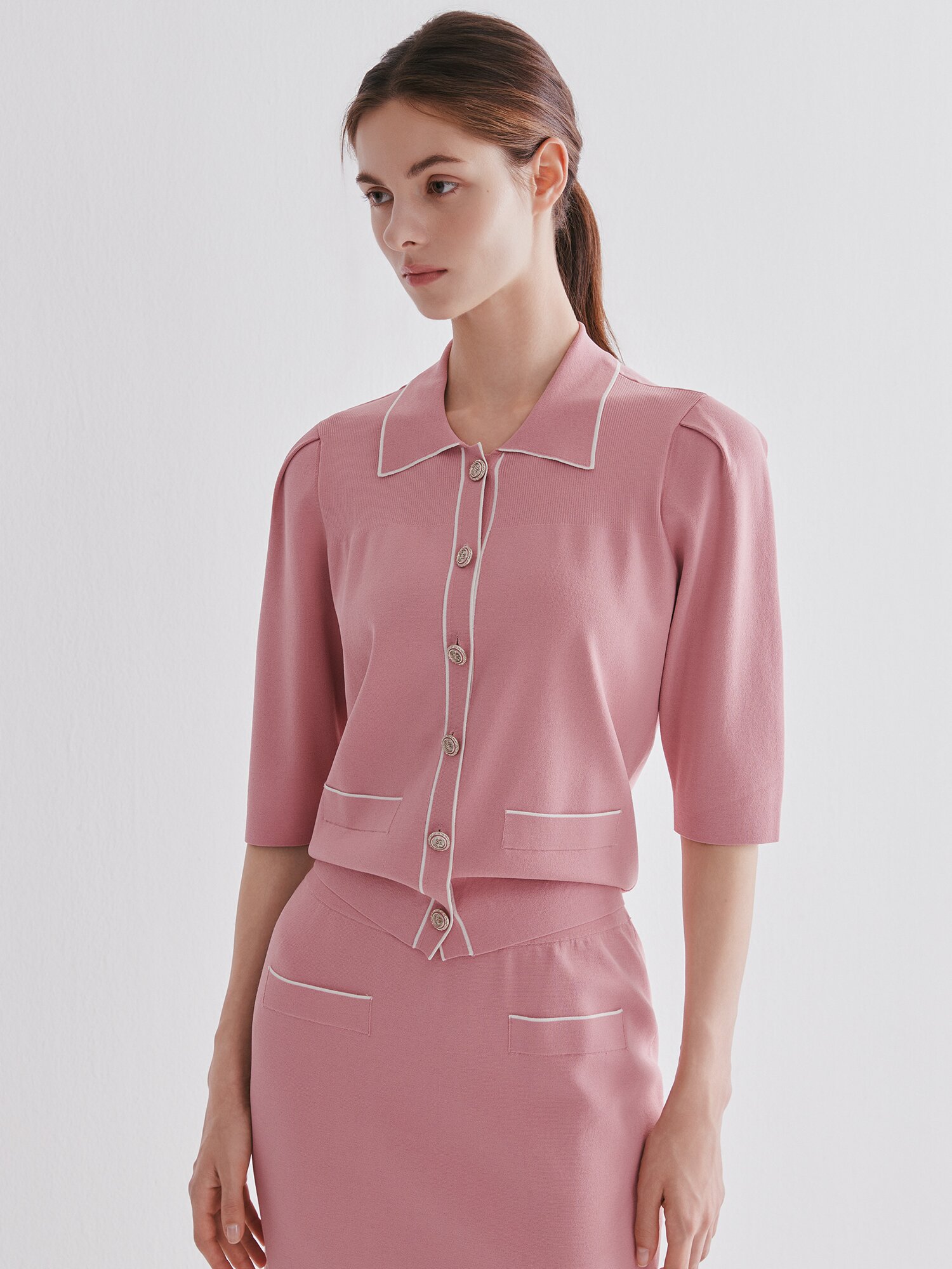 컬러 라인 7부 칼라 가디건 (PINK)