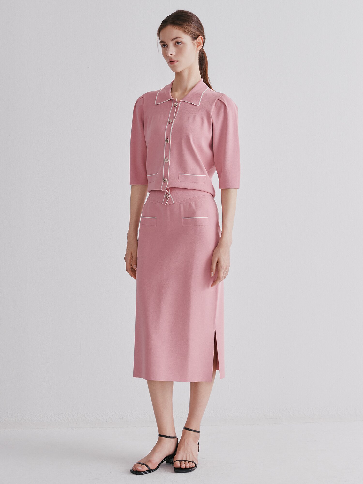 컬러 라인 7부 칼라 가디건 (PINK)
