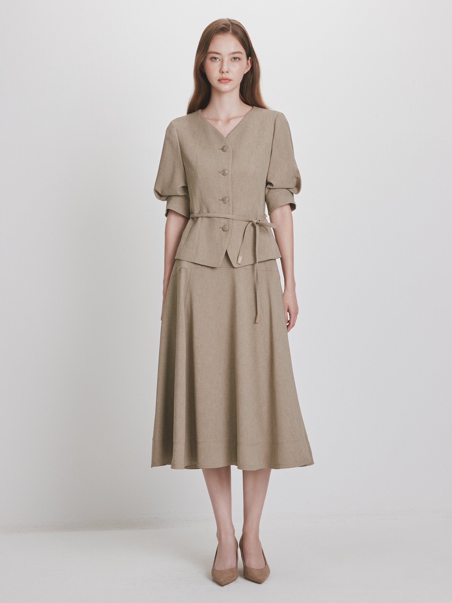포멀 볼륨 슬리브 브이넥 재킷 (KHAKI)