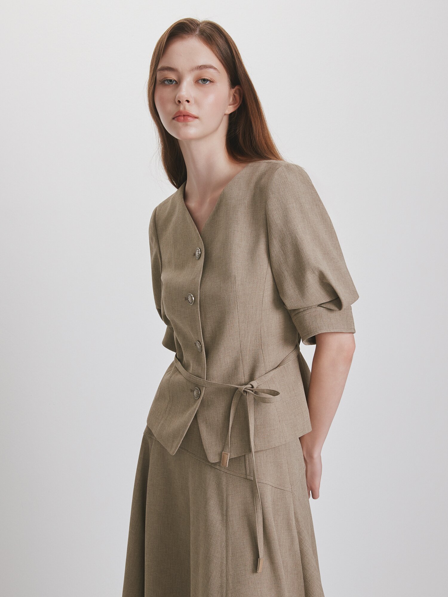 포멀 볼륨 슬리브 브이넥 재킷 (KHAKI)