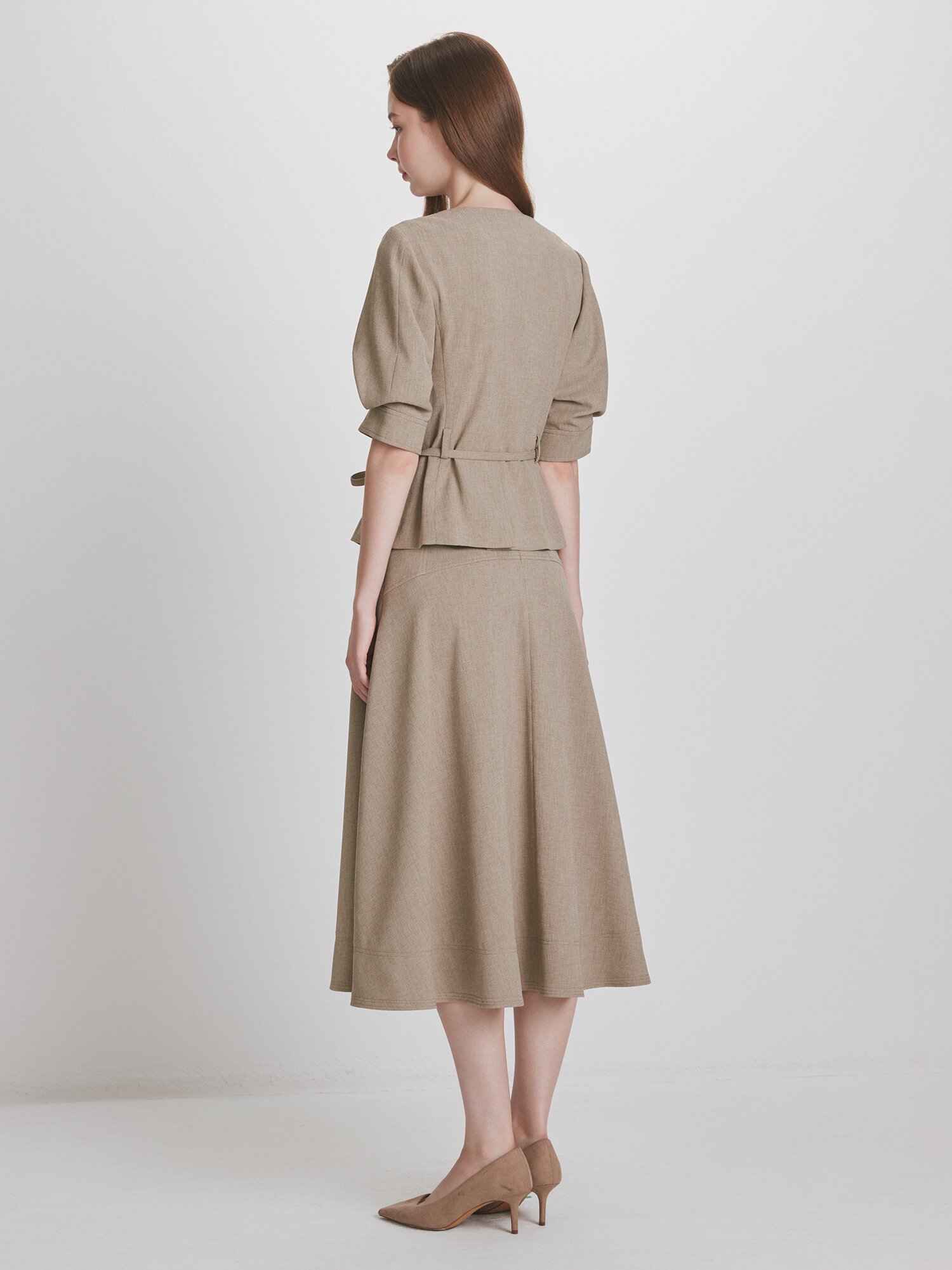 포멀 볼륨 슬리브 브이넥 재킷 (KHAKI)