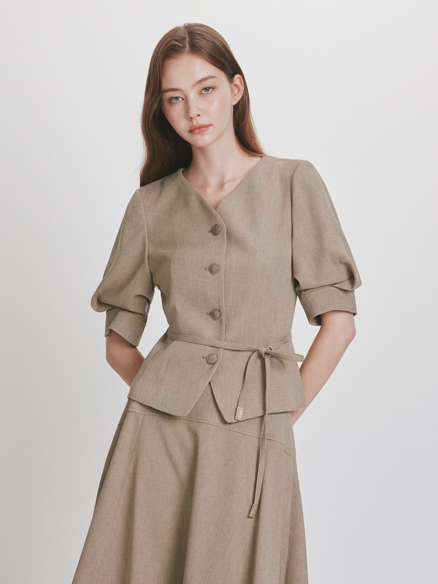 포멀 볼륨 슬리브 브이넥 재킷 (KHAKI)