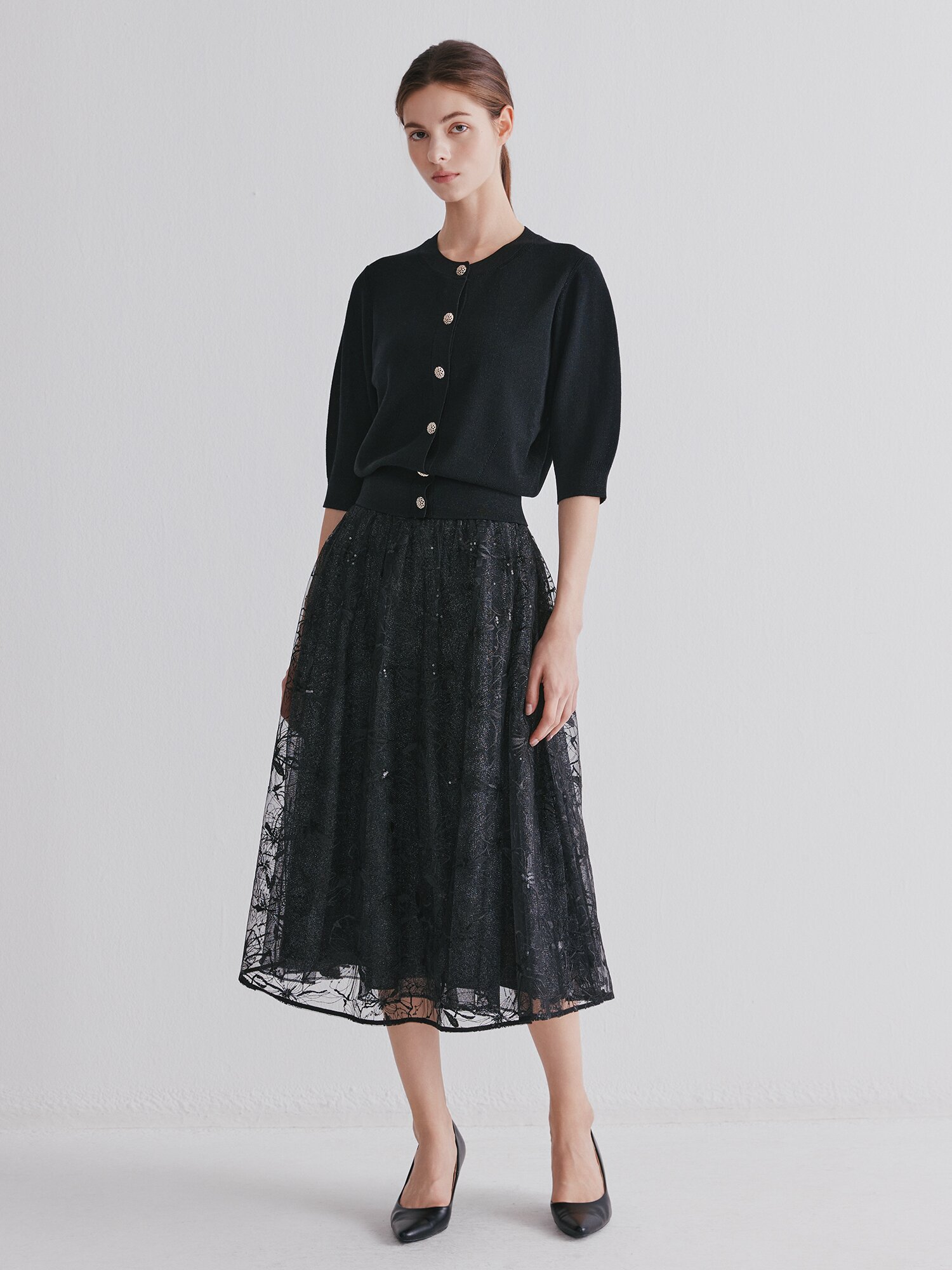글리터 볼륨 7부 라운드넥 가디건 (BLACK)
