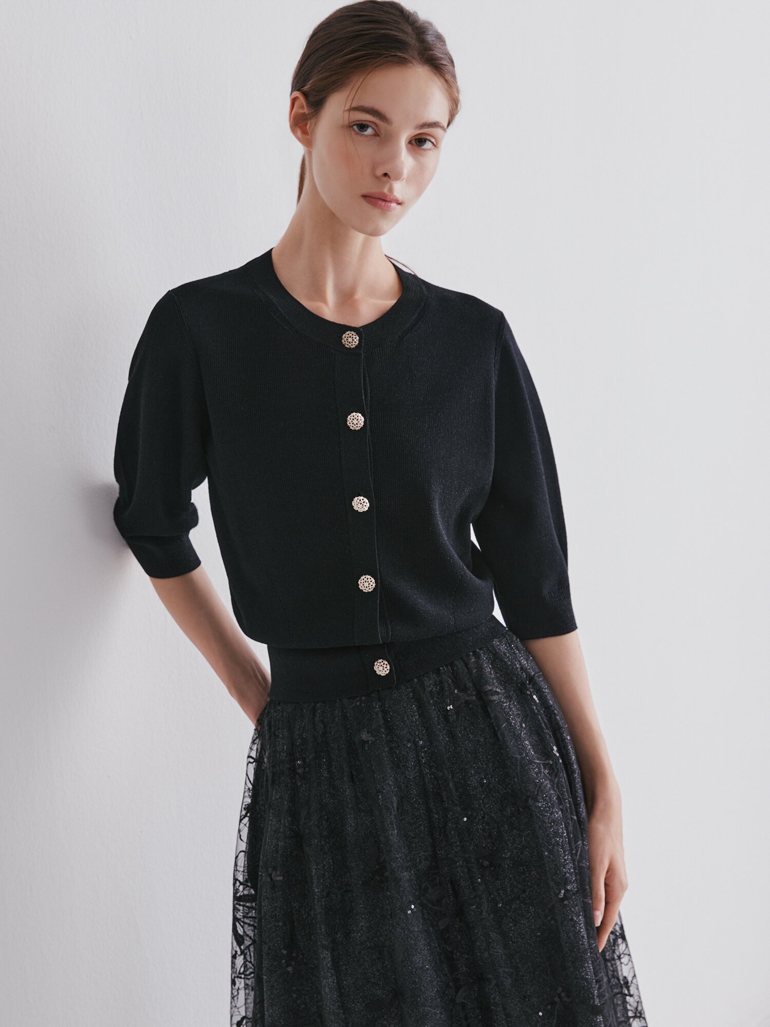 글리터 볼륨 7부 라운드넥 가디건 (BLACK)