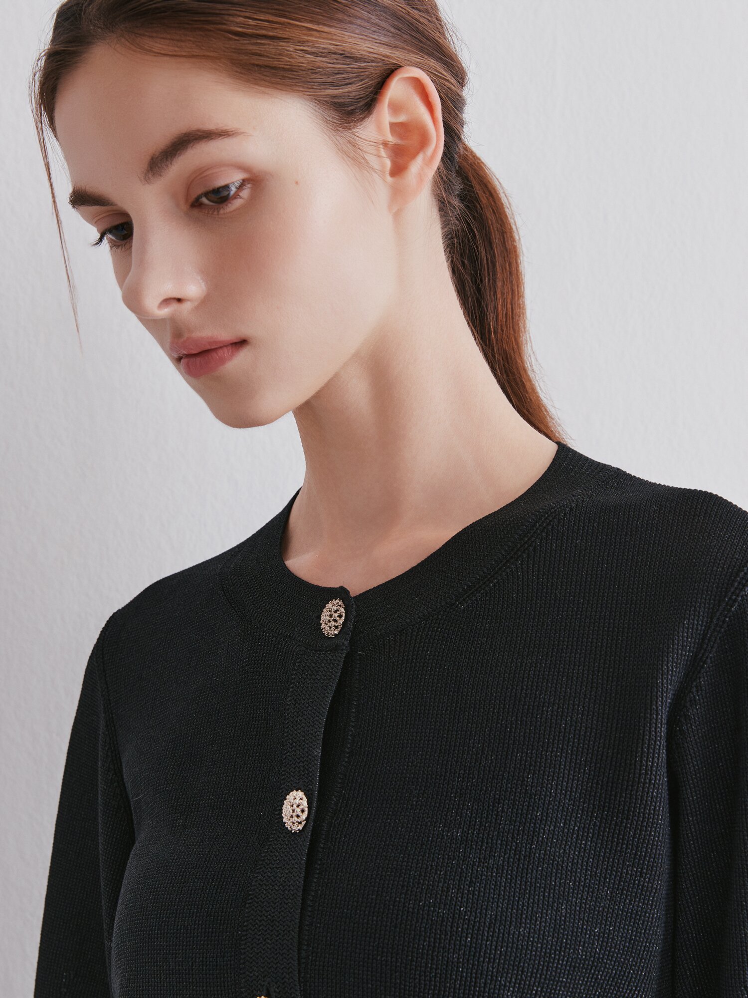 글리터 볼륨 7부 라운드넥 가디건 (BLACK)