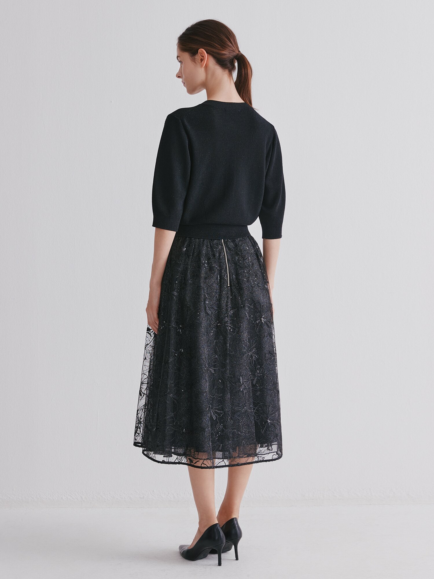 글리터 볼륨 7부 라운드넥 가디건 (BLACK)