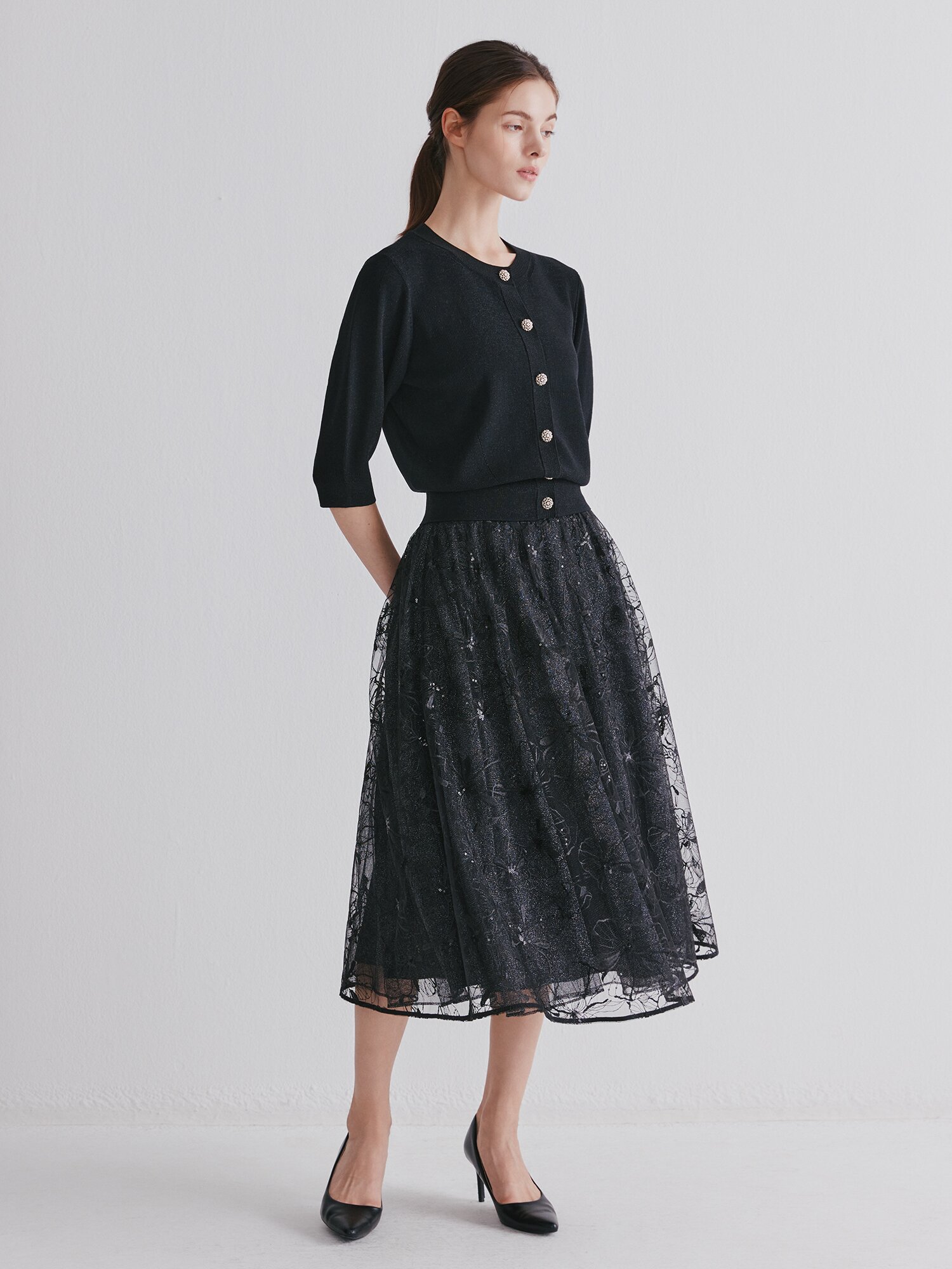 글리터 볼륨 7부 라운드넥 가디건 (BLACK)