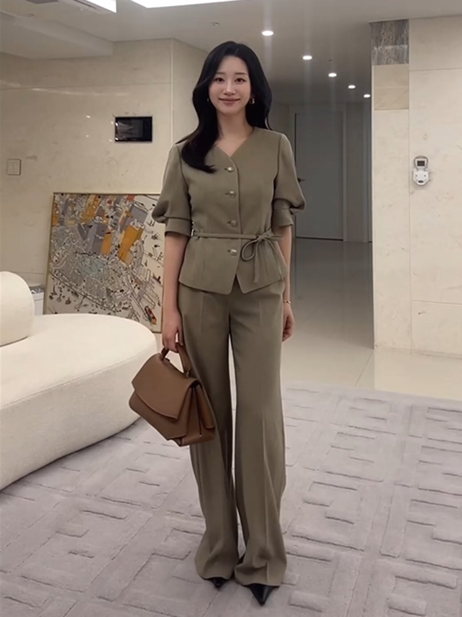 포멀 잔조직 와이드 팬츠 (KHAKI)